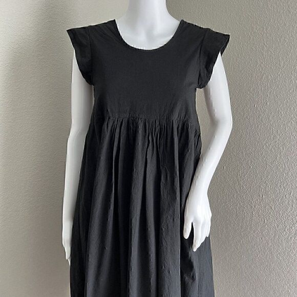 Datura Empire Waist Dress Size 1 S Black Cap Sleeve Midi 100% Cotton VBack Spain - Picture 4 of 9